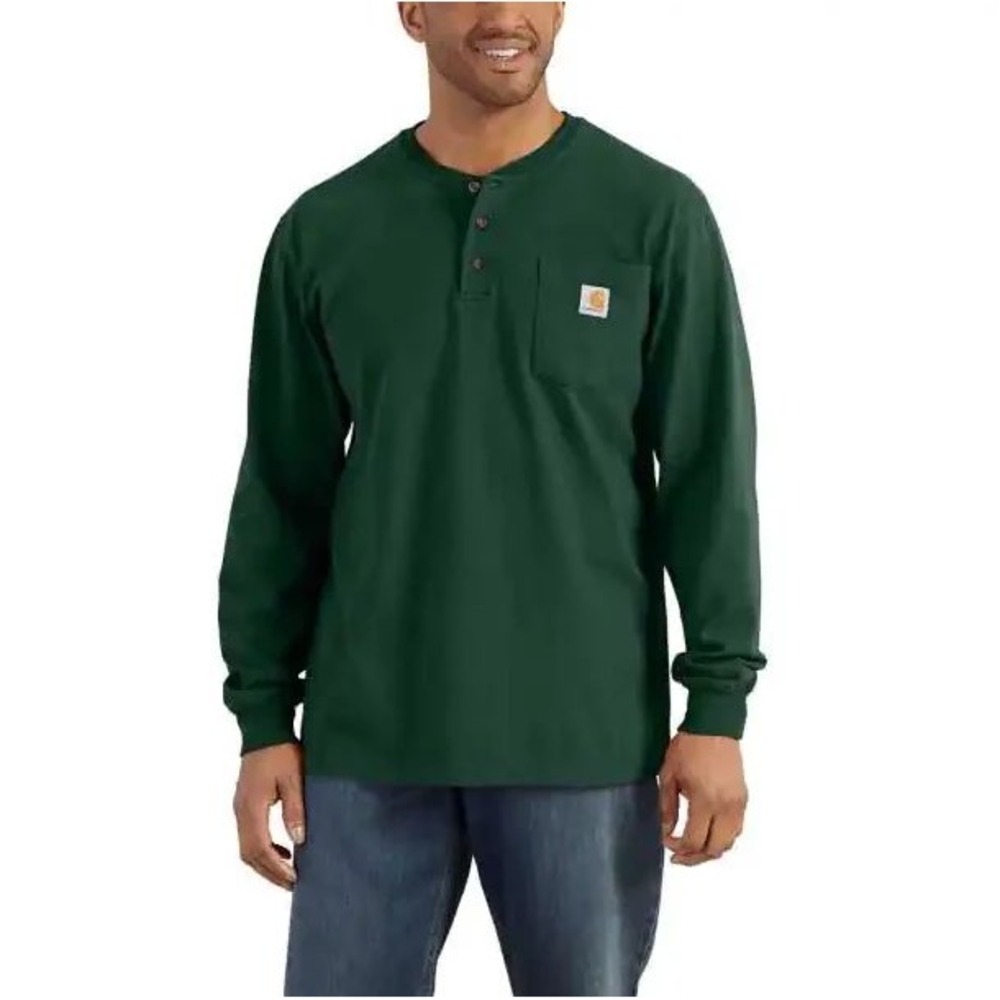 Carhartt Mens XL Hunter Green Long Sleeve Henley Pocket T-Shirt K128 Workwear